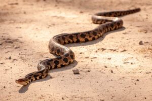 A Fox Snake coiled on forest floor with distinct blotchy patterns and copper-colored head, blending into its natural habitat.

